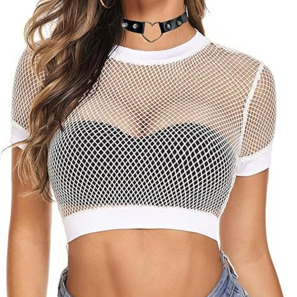 Fishnet Crop Top for Women See‎ Through Shirt WHITE Size XL Beach Club Party